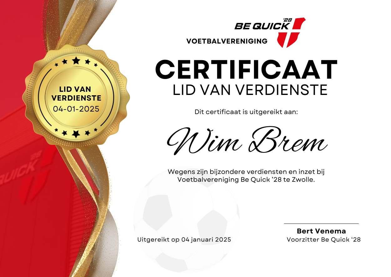 certificaat Wim Brem - Lid van Verdienste Be Quick '28