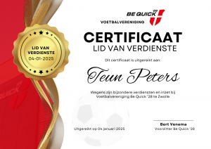 certificaat Teun Peters - Lid van Verdienste Be Quick '28