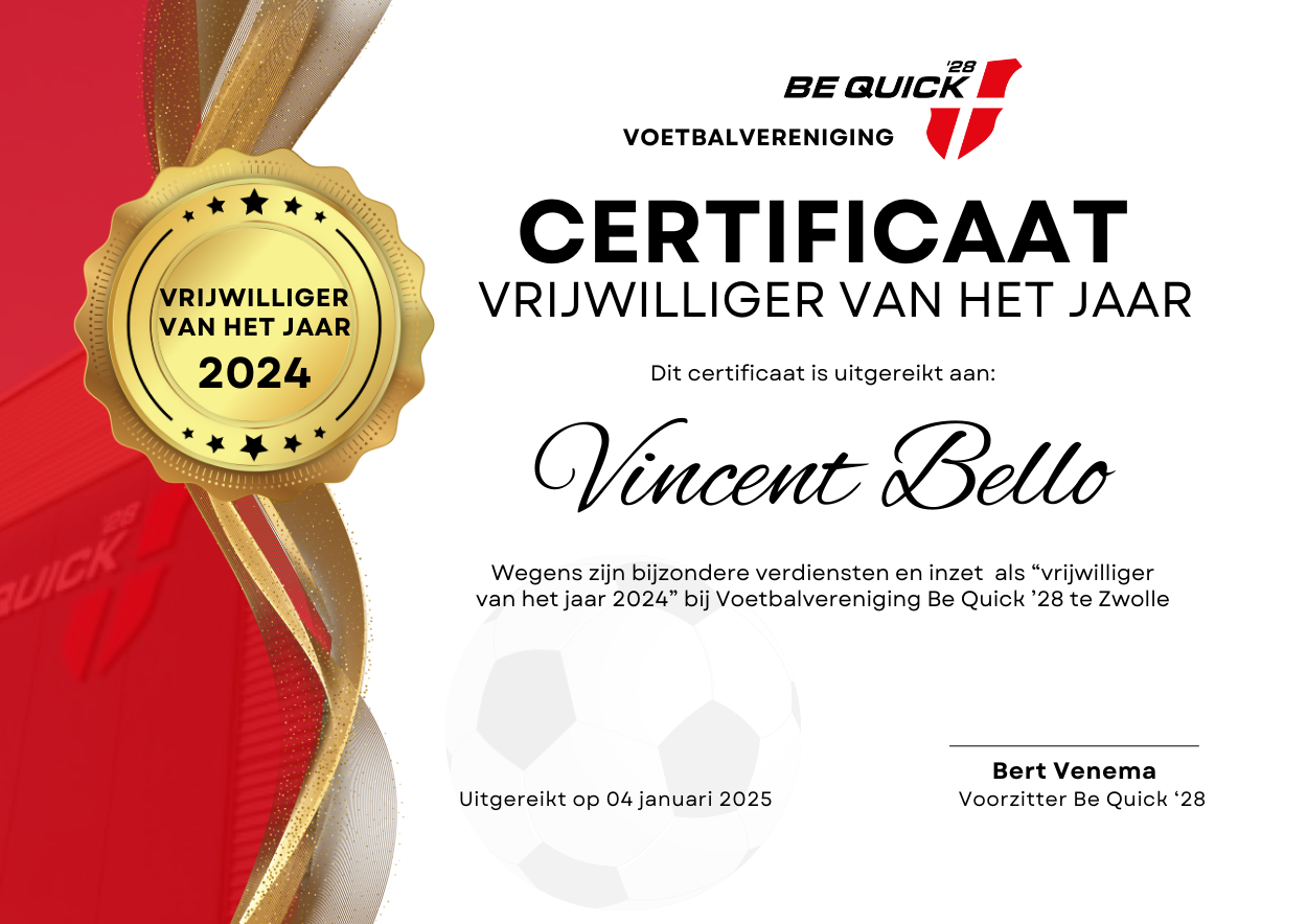 certificaat vrijwilliger van het jaar 2024 - Be Quick '28 Zwolle - Vincent Bello